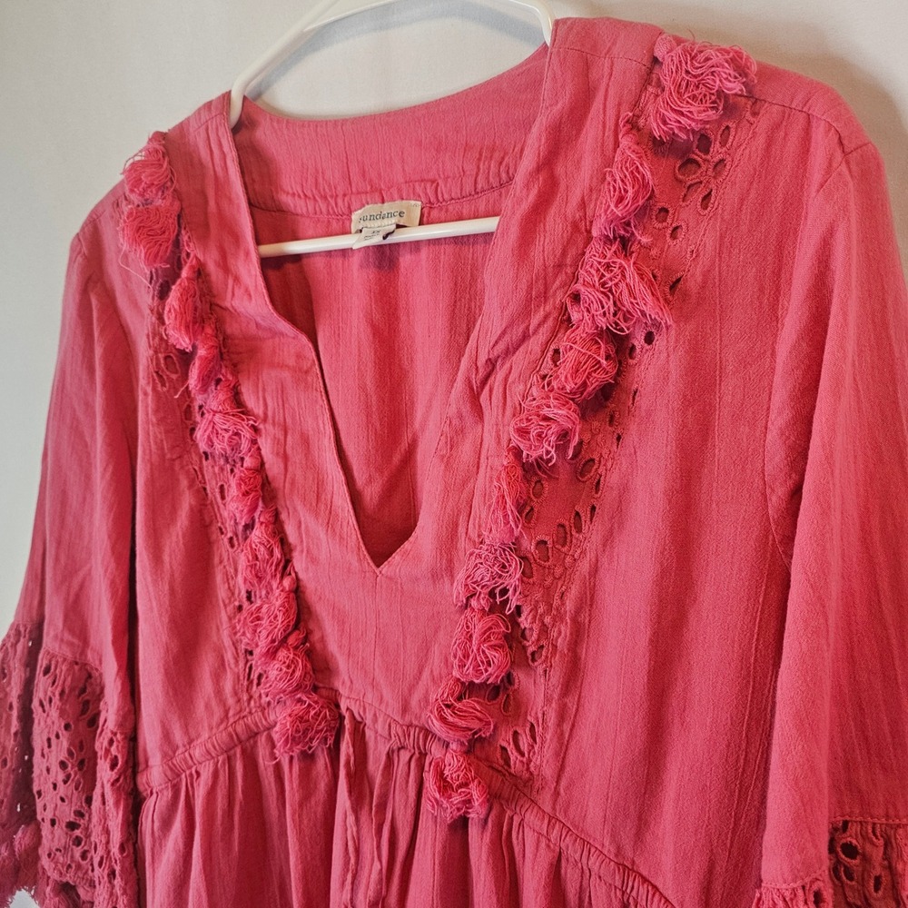 Sundance Pink Cotton Eyelet Lace‎ Tassel Boho Mini Dress Womens XS Rose - Picture 2 of 7